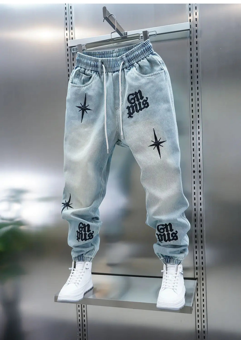 Men's Embroidered Letter Washed Baggy Jeans