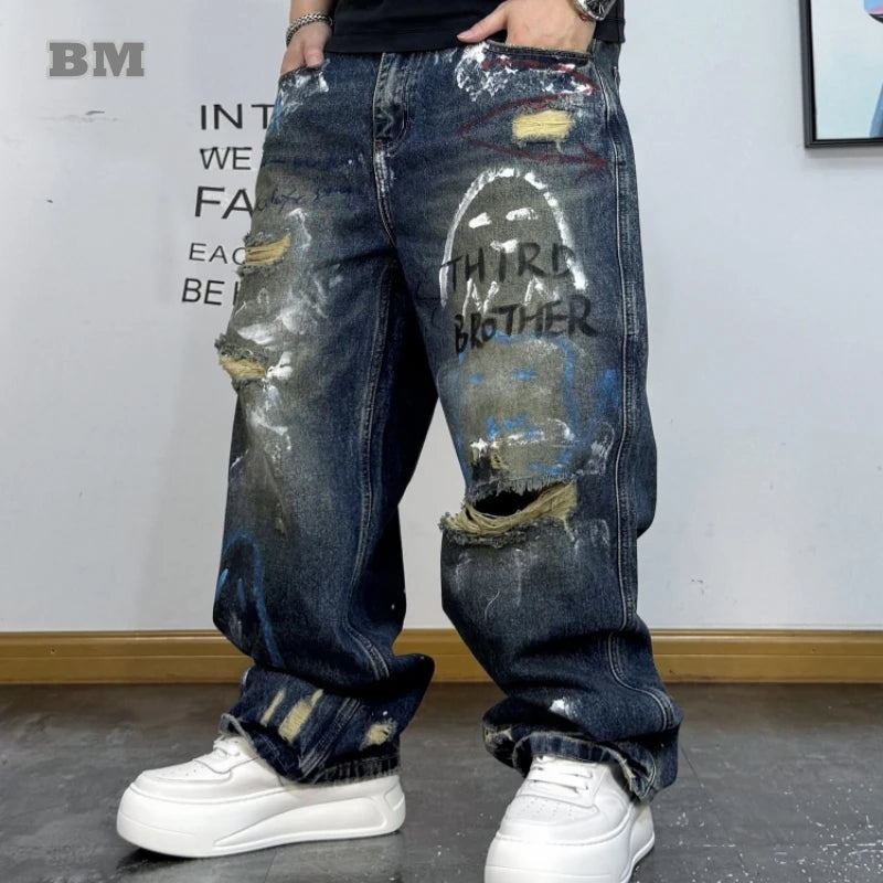 Men's Korean Graffiti Washed Ripped Baggy Jeans