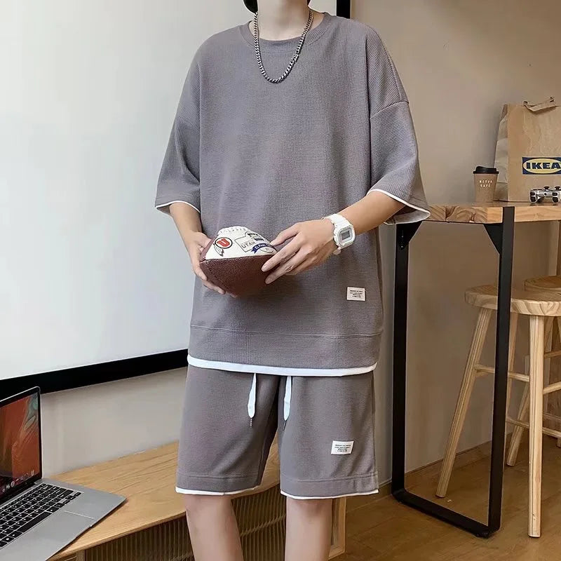 Men's Waffle T-Shirt & Shorts Set (Up to 5XL)