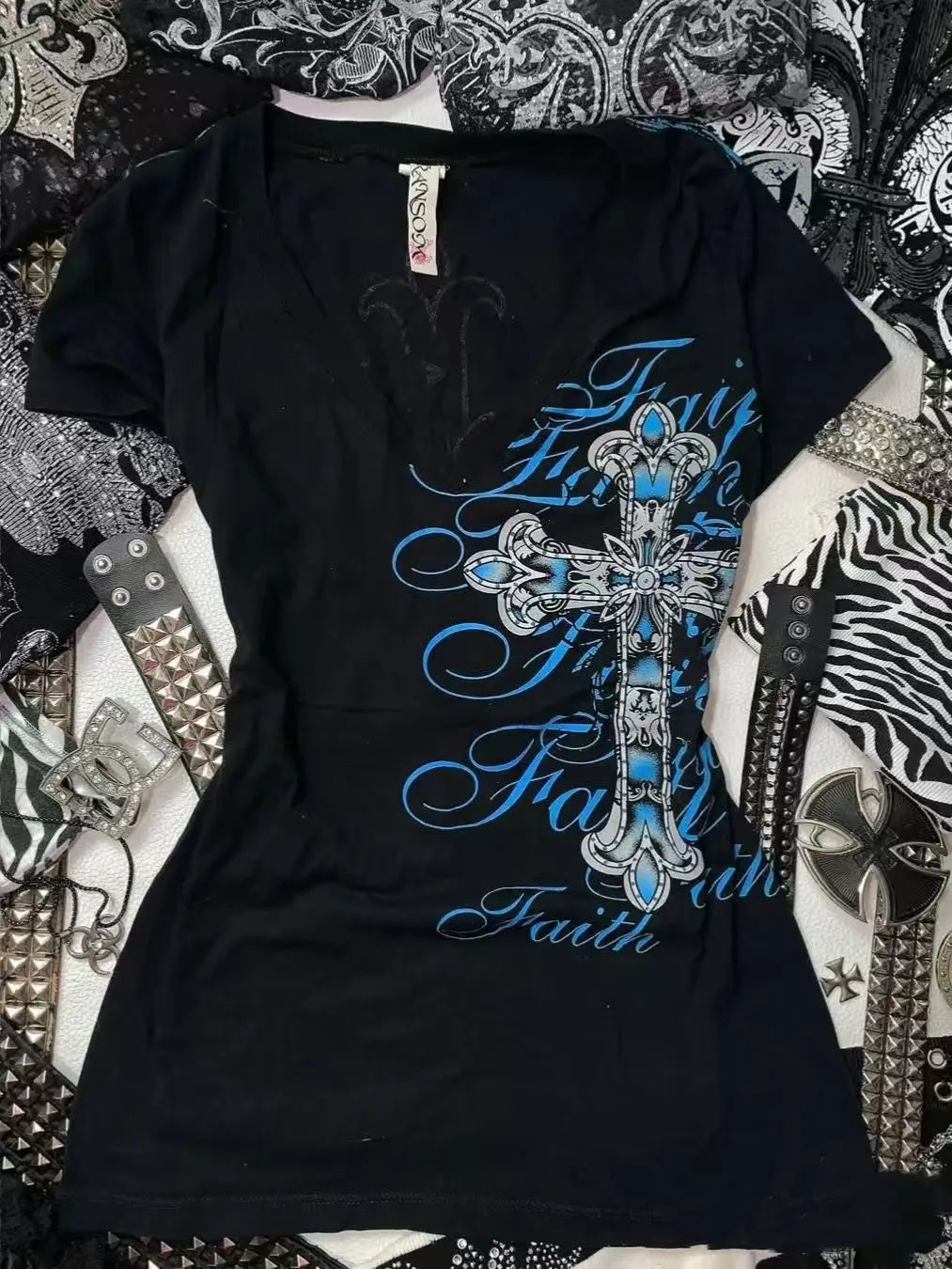 Women's Gothic Cross Letter V-Neck T-Shirt